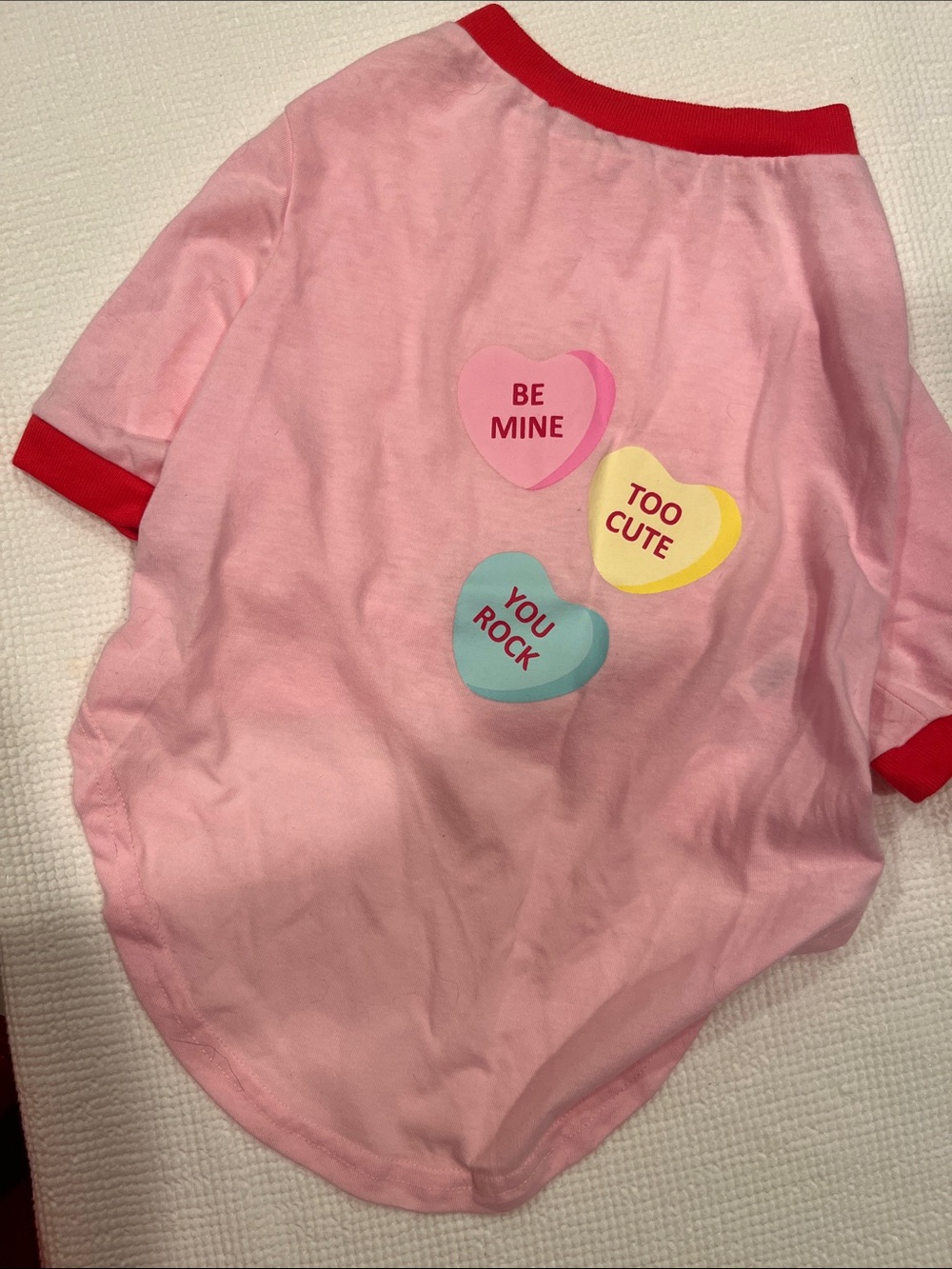 Pink Dog Tee with Red Trim and Conversation Heart Prints